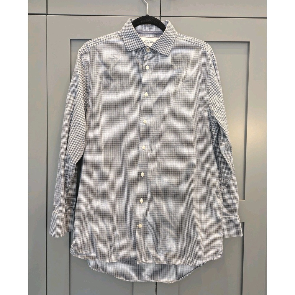 Charles Tyrwhitt Shirt 16/33 Classic Fit Button Up White Gray Blue Plaid Preppy